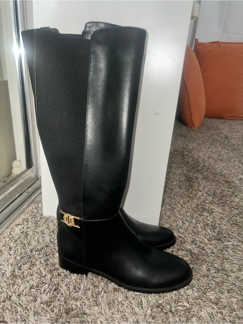 Black Knee-High Women's Riding Boots with Gold Accent *** FLASHH SALEEE***